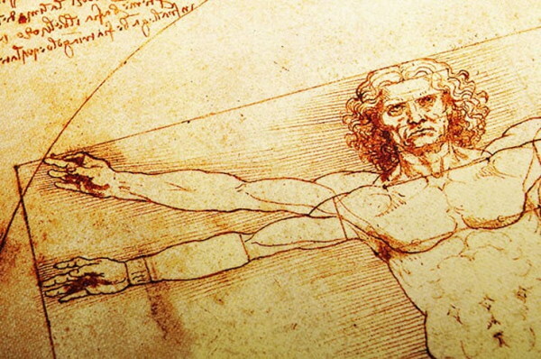 Da Vinci's ideal man Vitruvian man. Meaning and the golden ratio