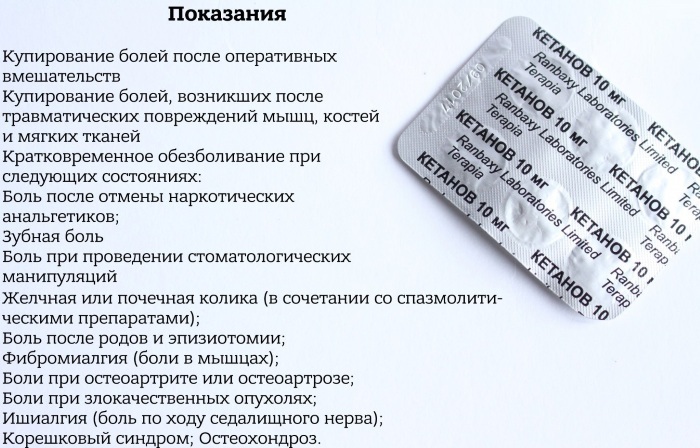Ketanov. Tabletlerin kullanımı için endikasyonlar, enjeksiyonlar için ampuller