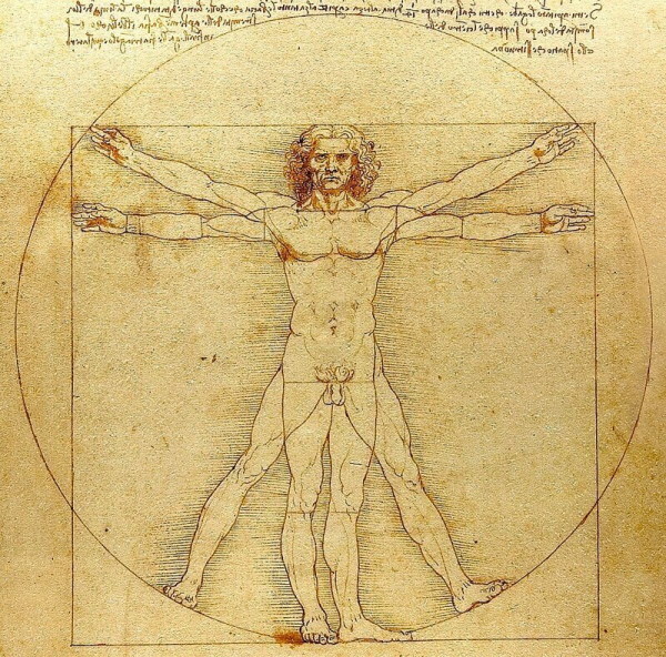Da Vinci's ideal man Vitruvian man. Meaning and the golden ratio