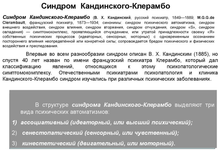 Kandinsky-Clerambeau syndrome is what in psychopathology, symptoms, treatment