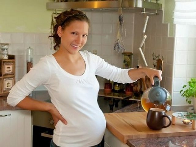 Zwangere vrouw drinkt thee met planten van viburnum